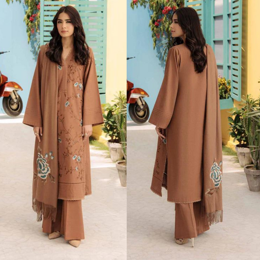 ZN616-WINTER 3PC Dhanak Embroidered suit with Embroidered Shawll