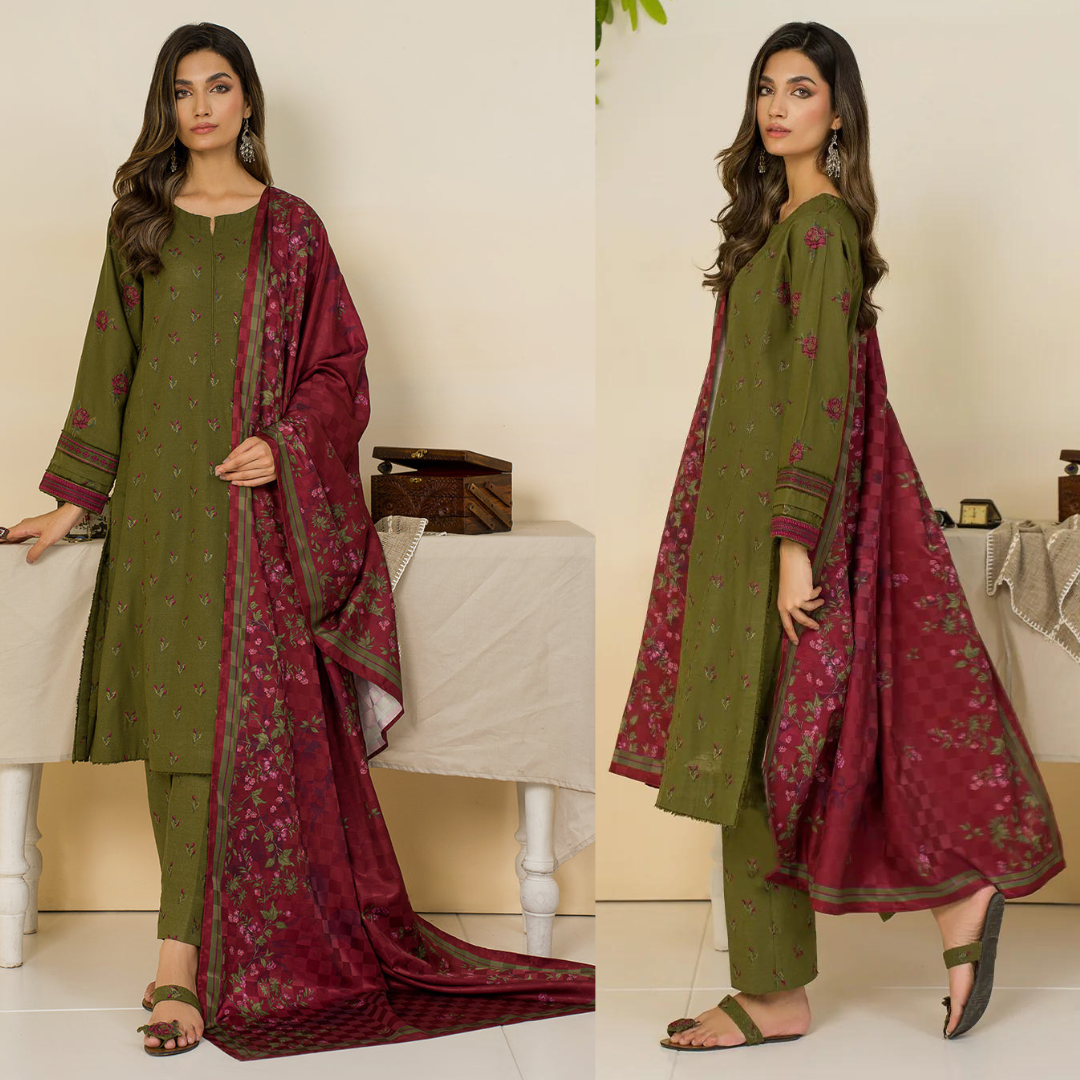 ZN622-WINTER 3PC Dhannak Embroidered suit with Embroidered Shawll