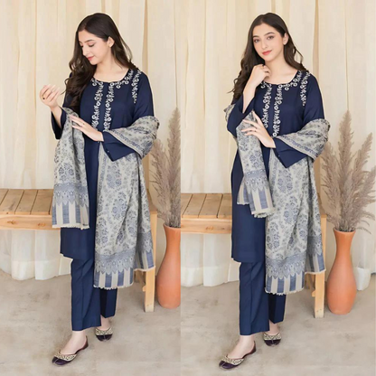 ZN627-3PC Dhannak Embroidered suit with Printed Shawll