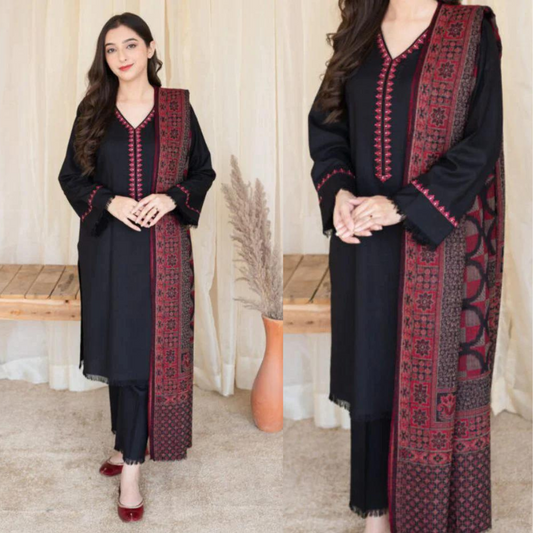 ZN628-3PC Dhannak Embroidered suit with Printed Shawll