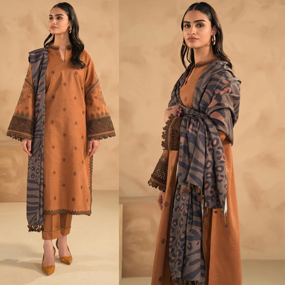 ZN631-WINTER 3PC Dhannak Embroidered suit with Printed Shawll