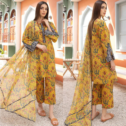 ZN701-SUMMER 3Pc Digital Printed Lawn Shirt With Printed Lawn Trouser and Daimond Dupatta
