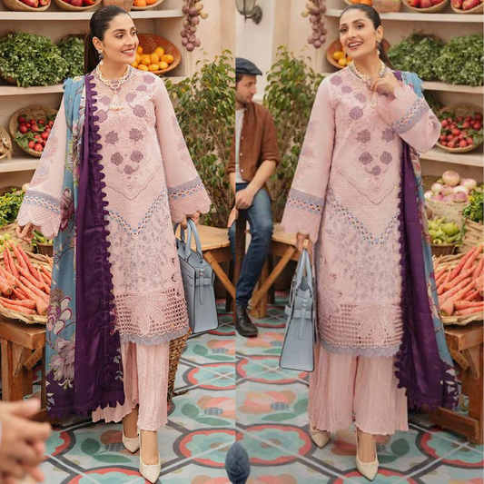 ZN714-SUMMER MUSHQ 3PC EMBROIDERED LAWN SUIT WITH PRINTED SILK DUPATTA