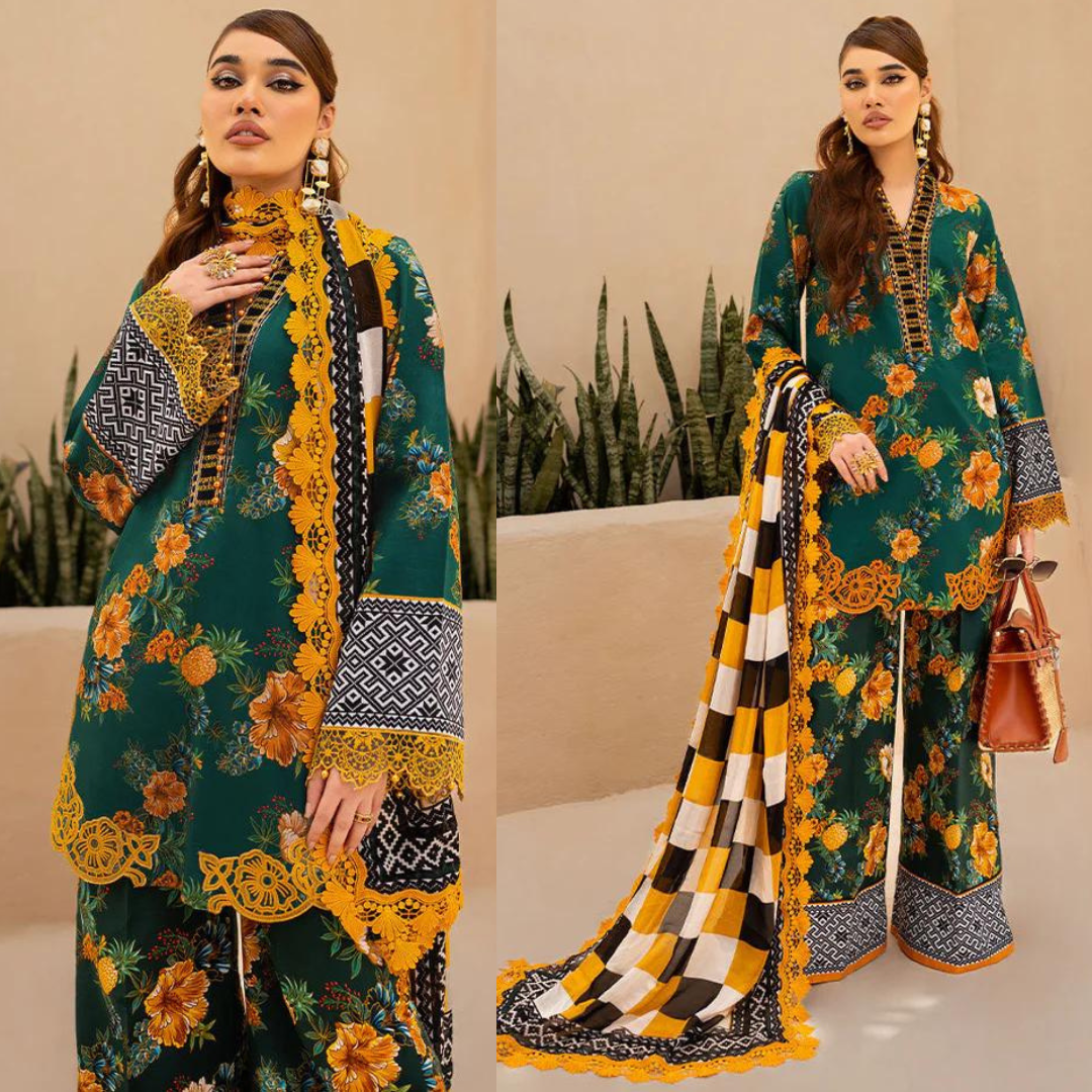 ZN722-SUMMER 3 Piece Unstitched Digital Printed Lawn Suit - Digital Printed Daimond Dupatta