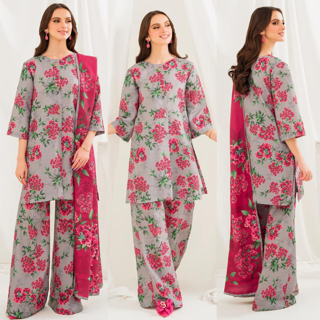 ZN724-3 Piece Unstitched Digital Printed Lawn Suit - Digital Printed Daimond Dupatta