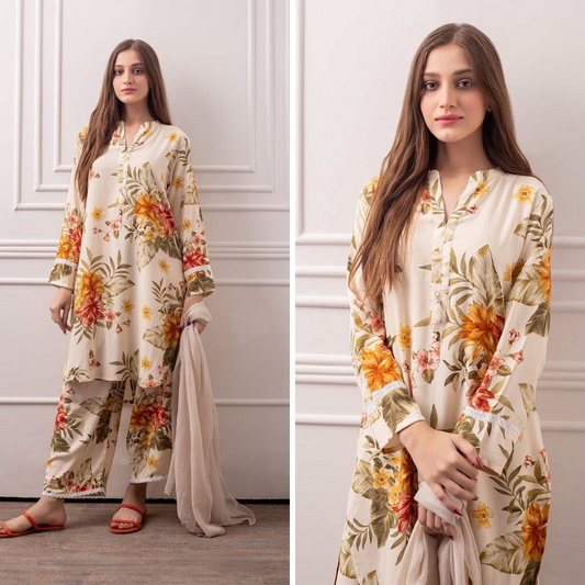 ZN723-SUMMER 3 Piece Unstitched Digital Printed Lawn Suit - Plain chiffon Dupatta