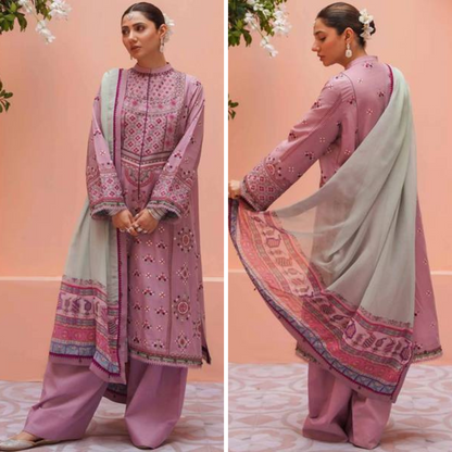 ZN745-SUMMER 3PC Lawn Embroidered Shirt With Printed Silk Dupatta