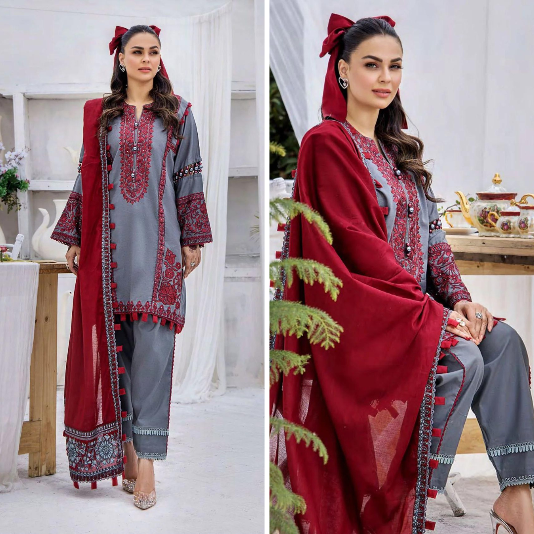 ZN781-SUMMER 3PC Lawn Heavy Embroidered Shirt With Chffon Embroidered Dupatta