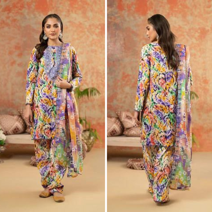 ZN764-SUMMER-3 Piece Unstitched Digital Printed Lawn Suit - Digital Printed Daimond Dupatta