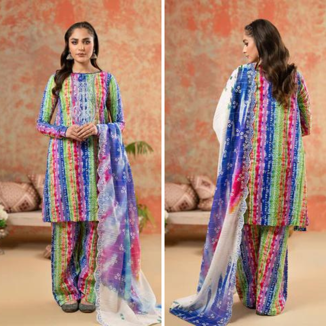 ZN765-SUMMER-3 Piece Unstitched Digital Printed Lawn Suit - Digital Printed Daimond Dupatta