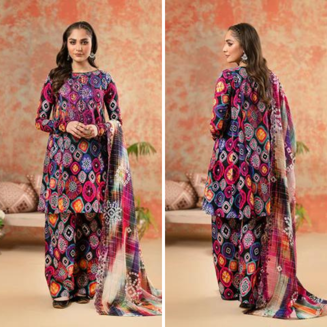 ZN766-SUMMER-3 Piece Unstitched Digital Printed Lawn Suit - Digital Printed Daimond Dupatta