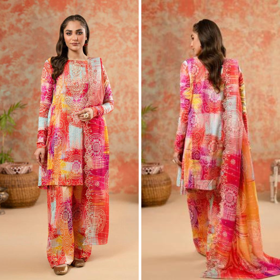 ZN770-SUMMER-3 Piece Unstitched Digital Printed Lawn Suit - Digital Printed Daimond Dupatta