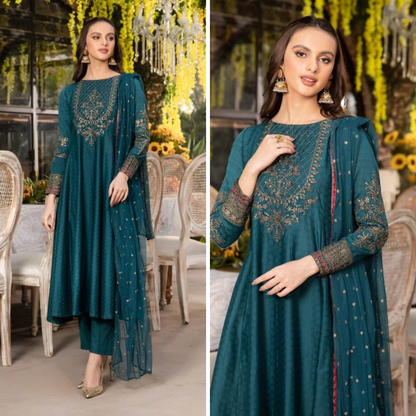 ZN780- SUMMER, unstiched 3 piece Raw silk frock style embroidered suit With Embroidered Organza Dupptta