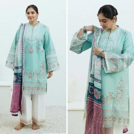 ZN922-WINTER 3PC Dhannak Embroidered suit with Printed Shawll