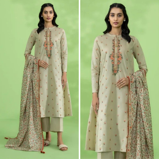 ZN923-WINTER 3PC Dhannak Embroidered suit with Printed Shawll