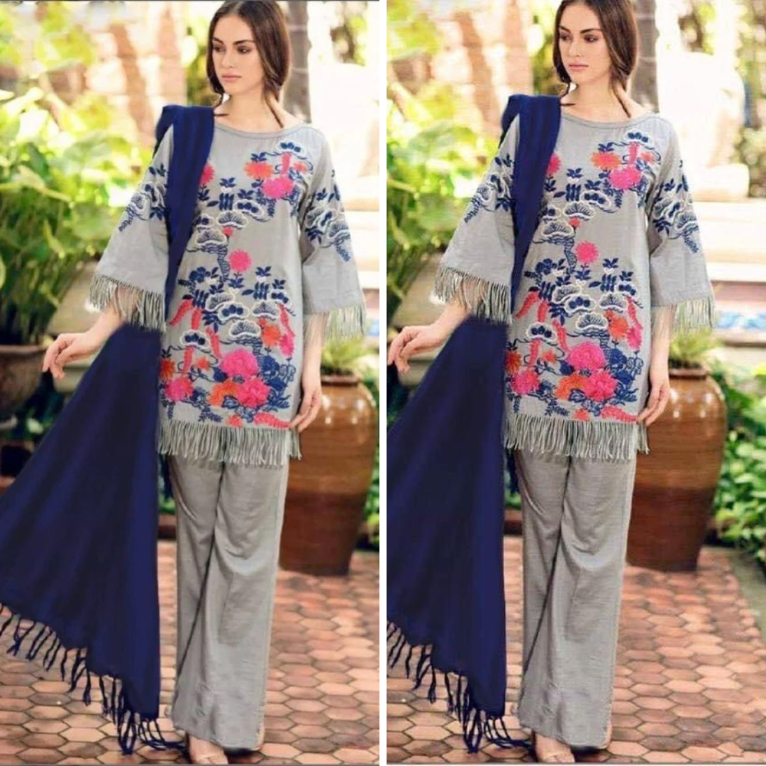 ZN951-3pc Winter Embroidered Dhanak Shirt With Bumble Wool Shawll