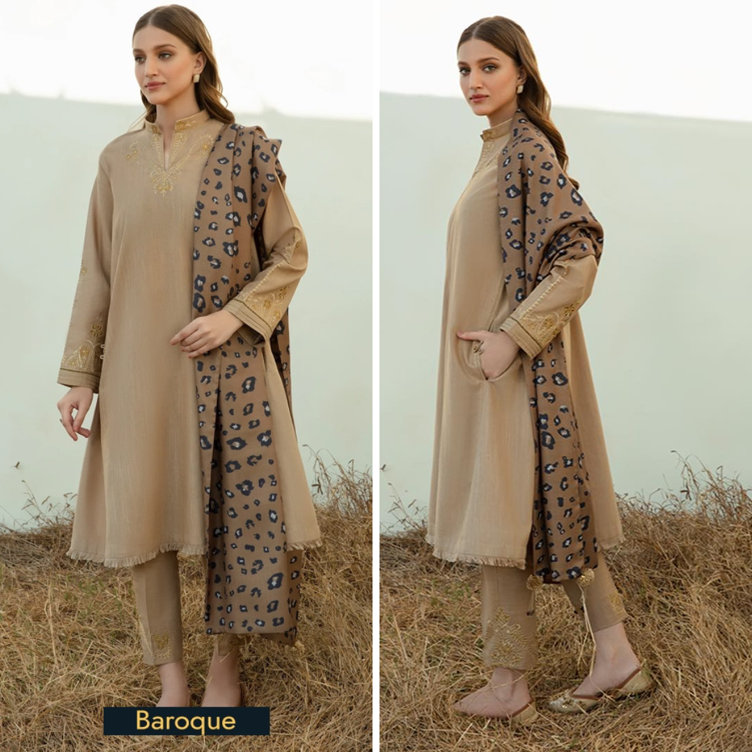 ZN958-WINTER 3PC Dhannak Embroidered suit with Printed Shawll