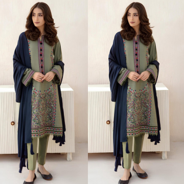 ZN550-3pc Winter Embroidered khaddar Dhanak Shirt With Bumble Wool Shawll