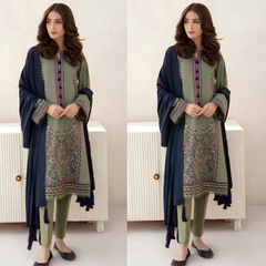ZN550-3pc Winter Embroidered khaddar Dhanak Shirt With Bumble Wool Shawll