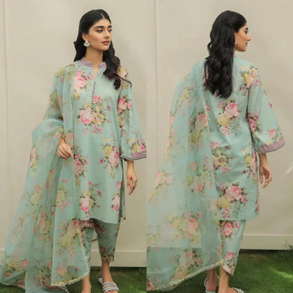 ZN135-Nisa Sea Green Lawn unstitched digital printed 3 pc dress with Diamond dupata ZN135