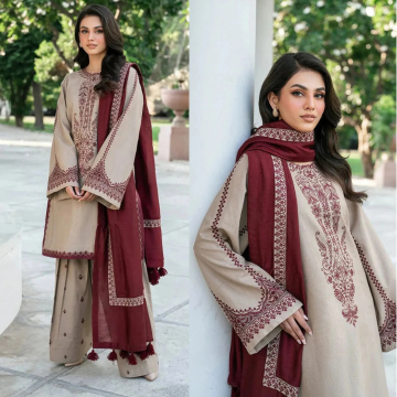 3PC EMBROIDERED DHANAK SUIT - ZN-961
