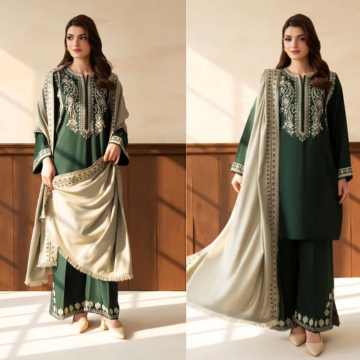 3PC EMBROIDERED DHANAK SUIT - ZN-1482