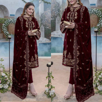 3PC EMBROIDERED VELVET SUIT - ZN-1407