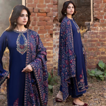 3PC EMBROIDERED DHANAK SUIT - ZN-1487