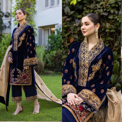 3PC EMBROIDERED VELVET SUIT - ZN-1411