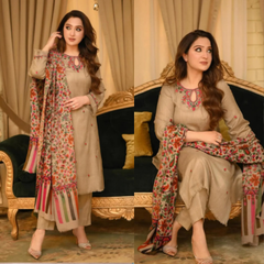 3PC EMBROIDERED DHANAK SUIT - ZN-1413