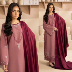 3PC EMBROIDERED DHANAK SUIT - ZN-1496