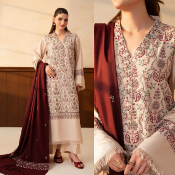 3PC EMBROIDERED DHANAK SUIT - ZN-1497