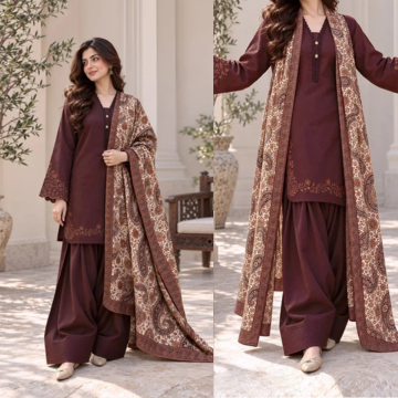 3PC EMBROIDERED DHANAK SUIT - ZN-1502