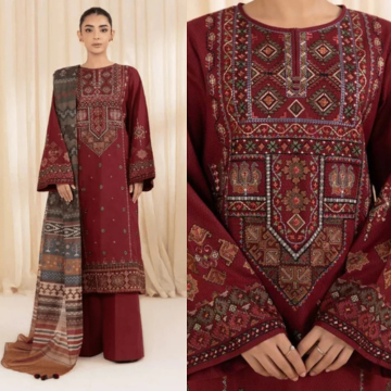 3PC EMBROIDERED DHANAK SUIT - ZN-1416