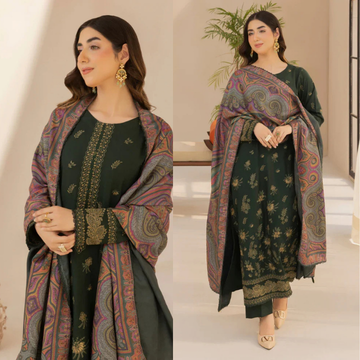 3PC EMBROIDERED DHANAK SUIT - ZN-1429