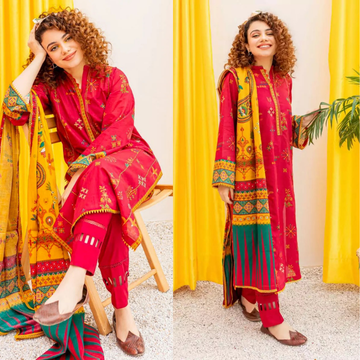 3PC EMBROIDERED DHANAK SUIT - ZN-1430