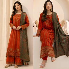 3PC EMBROIDERED DHANAK SUIT - ZN-1435