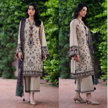 ZN943-JAZMIN-3PC Dhanak Embroidered suit with Printed Shawll