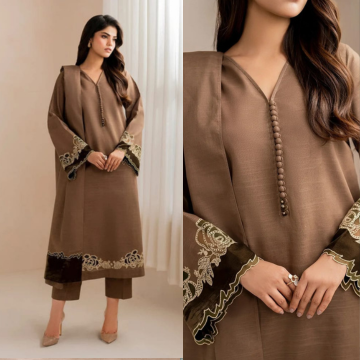 3PC EMBROIDERED DHANAK SUIT - ZN-1465