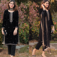 3PC EMBROIDERED VELVET SUIT - ZN-409