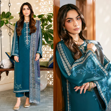 3PC EMBROIDERED DHANAK SUIT - ZN-1437