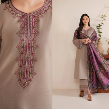3PC EMBROIDERED DHANAK SUIT - ZN-1438