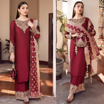 3PC EMBROIDERED SILK FROCK - ZN-882