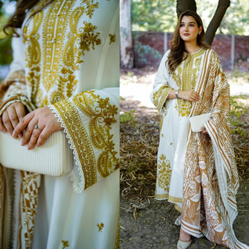 3PC EMBROIDERED DHANAK SUIT - ZN-1442