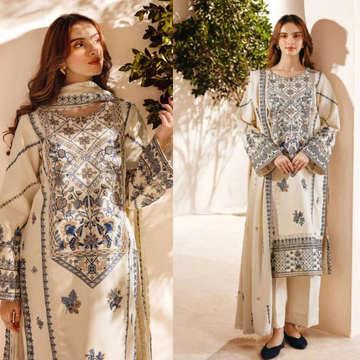 3PC EMBROIDERED DHANAK SUIT - ZN-1449