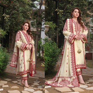3PC EMBROIDERED DHANAK SUIT - ZN-1452