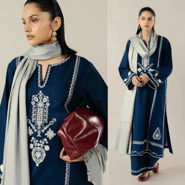 3PC EMBROIDERED DHANAK SUIT - ZN-1470