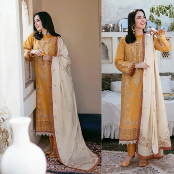 3PC EMBROIDERED DHANAK SUIT - ZN-1454