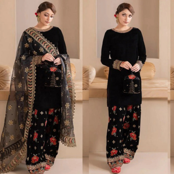 ZN577-Embroidered Velvet Dress With Organza embroidered Dopata