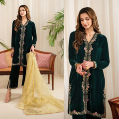 3PC EMBROIDERED VELVET SUIT - ZN-630